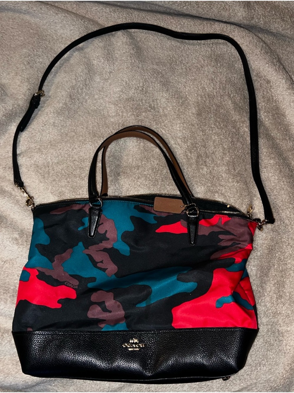 Coach Multicolor Camo Tote with Teal, Red & Black Accents